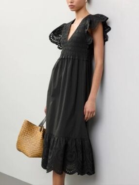 Rails Clementine Black Eyelet Midi Dress Poplin Smocked Size XS Cottagecore